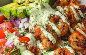 Zesty Shrimp & Avocado Rice Bowls with Cilantro Lime Sauce