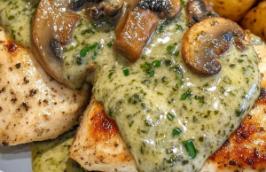 Creamy Garlic Mushroom Chicken & Roasted Potatoes with Basil Pesto