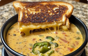 Spicy Jalapeño Popper Soup with Grilled Cheese Dippers
