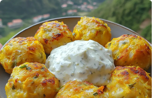 Baked Yellow Squash Tots with Greek Yogurt Herb Dip