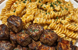 Garlic Butter Steak Bites with Spicy Cajun Alfredo Pasta