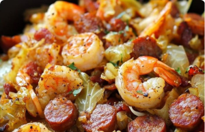 Fried Cabbage with Shrimp, Sausage & Bacon