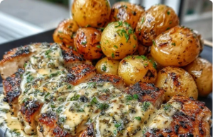 Creamy Garlic Chicken with Roasted Baby Potatoes