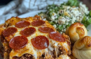 Pepperoni Lasagna Roll-Ups with Garlic Knots and Caesar Salad