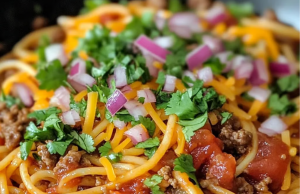 Taco Spaghetti with Ground Beef & Cheddar Cheese