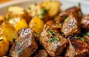 Air Fryer Garlic Butter Steak Bites and Potatoes