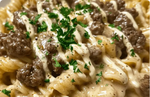 Beef and Rotini in Garlic Parmesan Sauce