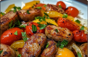 Sausage, Onion, Bell Peppers & Tomatoes over Rice
