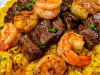 Honey Garlic Steak & Shrimp over Yellow Rice
