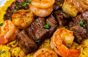 Honey Garlic Steak & Shrimp over Yellow Rice