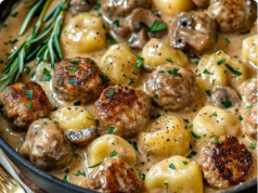 Meatballs and Gnocchi in a Creamy Mushroom Sauce