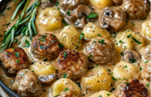 Meatballs and Gnocchi in a Creamy Mushroom Sauce