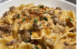 Creamy Parmesan Garlic Beef Bowtie Pasta