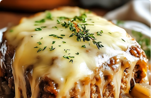 Tender French Onion Meatloaf with Gooey Swiss Cheese