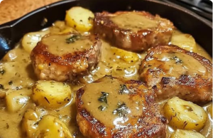 Smothered Pork Chops with Potatoes in Gravy