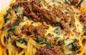 Cheesy Garlic Butter Spaghetti with Italian Sausage & Spinach
