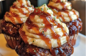Smoky Bourbon BBQ Bacon-Wrapped Meatloaf Cupcakes with Mashed Potato Frosting