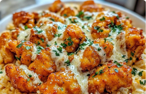 Honey Garlic Chicken Bites Over Creamy Rice