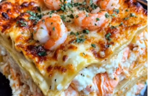Shrimp Alfredo Lasagna Stuffed with Salmon & Crabmeat
