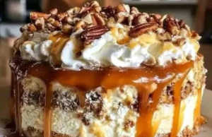 Caramel Butter Pecan Praline Poke Cake