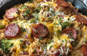 Cheesy Smoked Sausage Rice Skillet