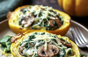 Creamy Spinach and Mushroom Stuffed Spaghetti Squash