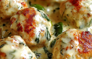 Baked Chicken Ricotta Meatballs with Spinach Alfredo