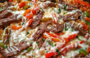 Queso Steak Fajita Skillet Over Mexican Rice