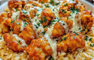 Honey Garlic Chicken Bites Over Creamy Rice