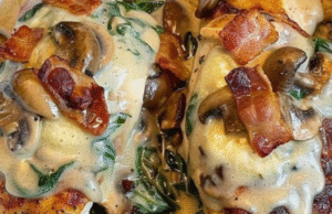 Smothered Chicken with Creamed Spinach, Bacon & Mushrooms