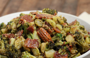 Warm Roasted Broccoli Salad with Hot Honey Mustard Dressing, Crispy Bacon & Toasted Nuts