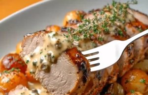 Roasted Pork Tenderloin Mignon with Aged Mustard and Melting Onions