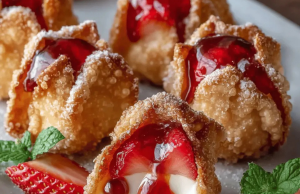 Deep-Fried Strawberry Cheesecake Stuffed Wonton Bites Delight